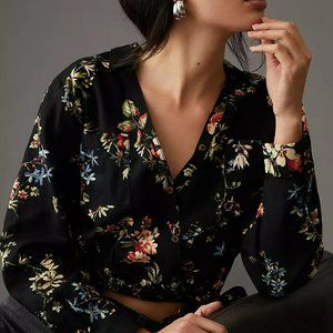 Anthropologie Pilcro Cropped Waist-Tie Blouse // size s small // black motif